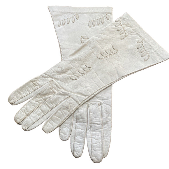 Vintage 1940’s White Kid Leather Gloves Aris Germany Size 6.5 Appliqué Wedding - Picture 6 of 8